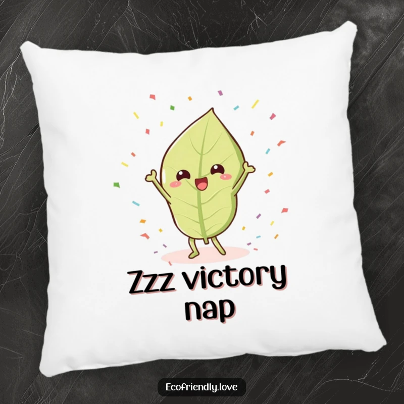 Funny Leaf Pillow: A kawaii leaf character humorously doing a victory dance surrounded by confetti, perfect for cozy celebration.