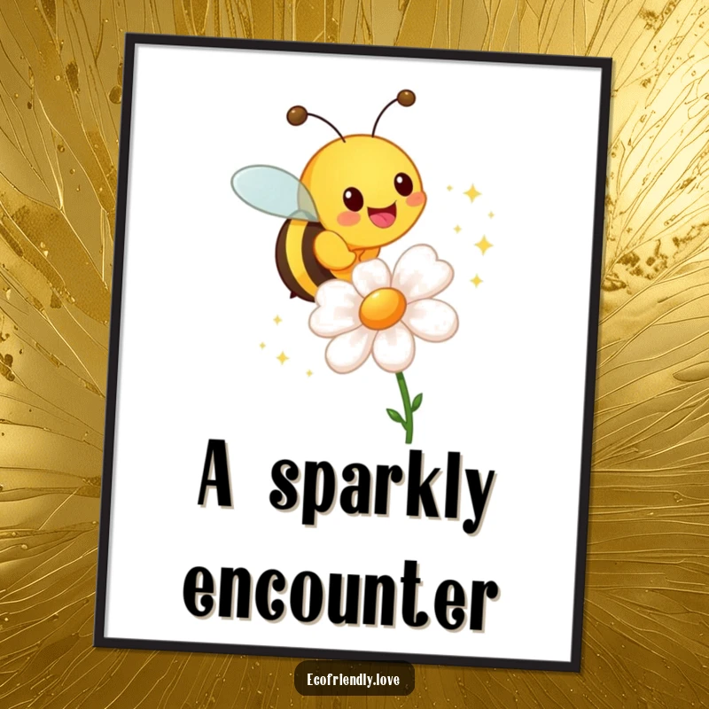 Funny digital art print of a cheerful bee hovering around a flower, leaving a trail of shimmering sparkles.