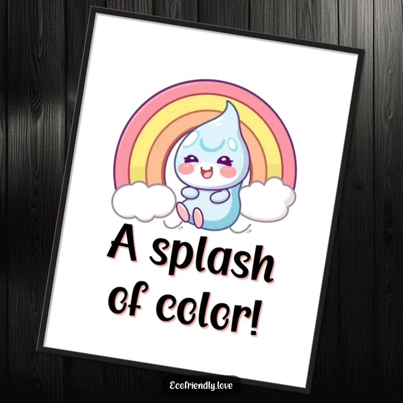 Funny Digital Art Print of a smiling dewdrop character ecstatically sliding down a shimmering rainbow, bringing cheerful energy.