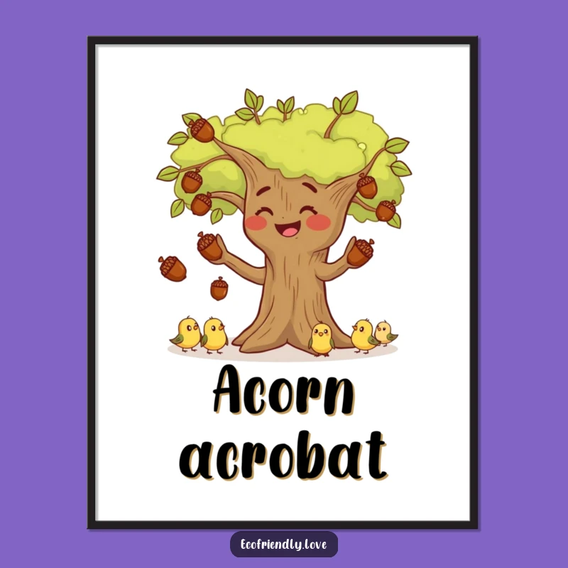 Funny Tree Juggling Acorns Digital Art: Printable Woodland Decor with Whimsy