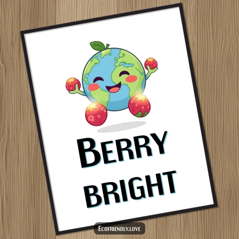 Funny digital art print of a happy, round planet Earth juggling luminous berries, bringing cosmic humor and planetary joy.