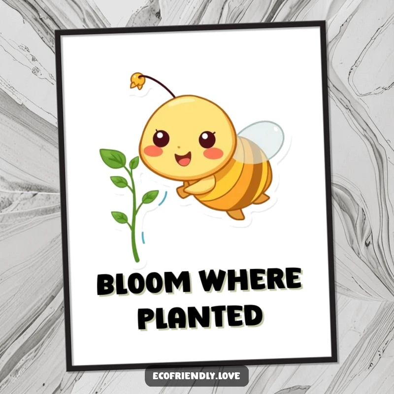 Funny digital art of a happy bee character in flight, carrying a delicate plant sprout, symbolizing growth and cheerful beginnings.