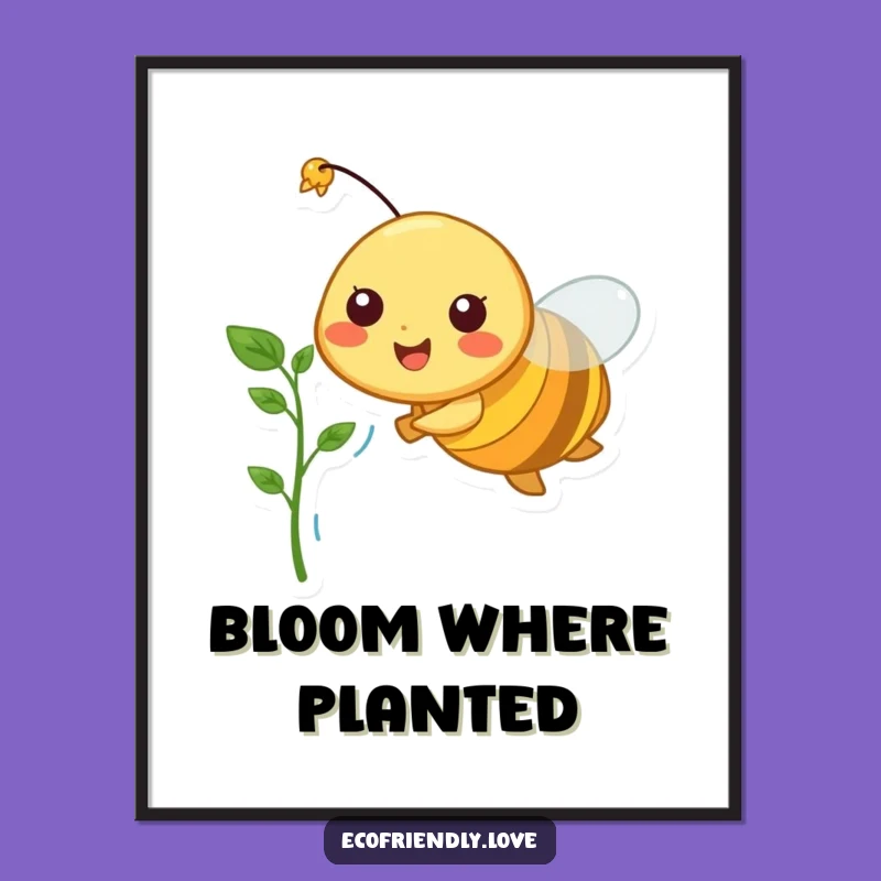 Funny Bee Digital Art Print: Cheerful Character Flying with Sprout, Instant Nature Gift