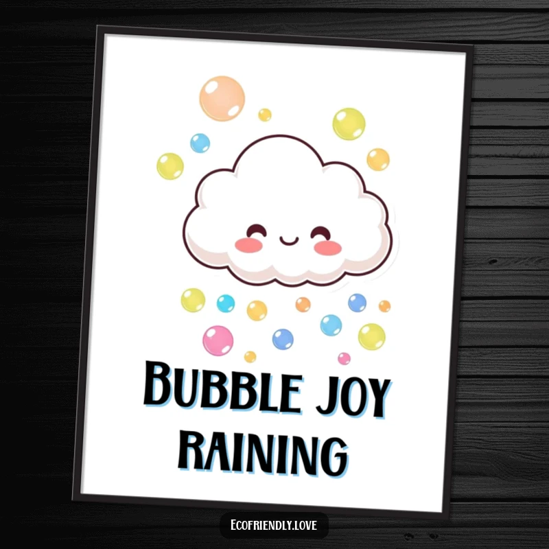 Funny cloud digital art print of a smiling character playfully raining colorful bubbles, a funny gift.