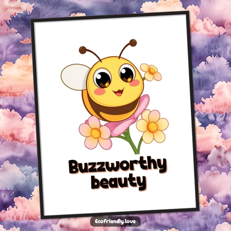 Funny digital art print of a cute, round bee with big happy eyes buzzing excitedly around a blooming flower.