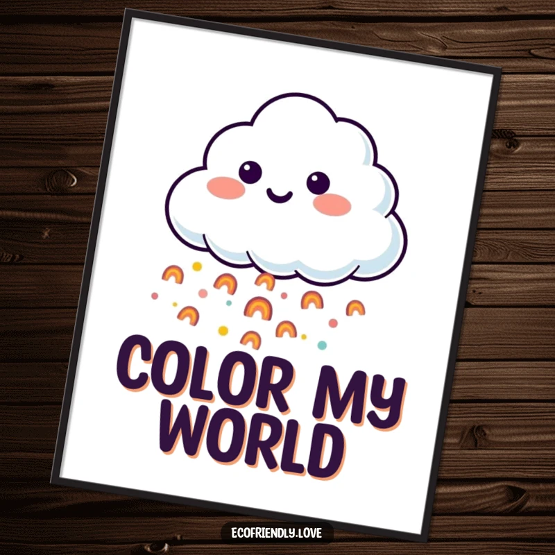 Funny digital art of a smiling cloud character releasing a whimsical stream of tiny, happy rainbows, downloadable for instant cheerful decor.