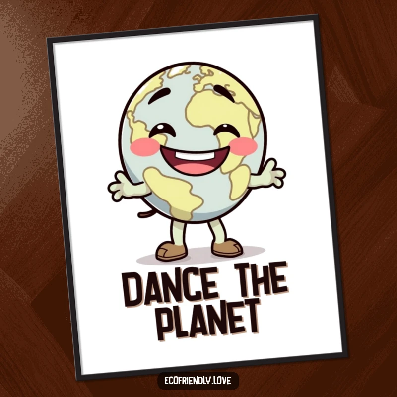 Funny dancing Earth digital art print with a goofy grin, doing a silly jig, for vibrant decor, a wonderful funny gift.
