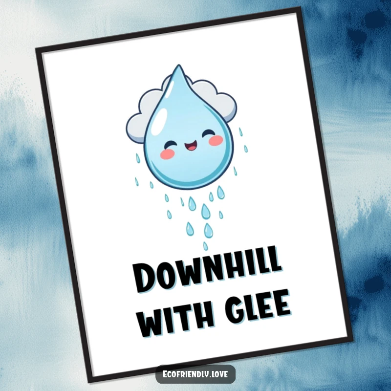 Funny water droplet character gleefully sliding down a cloud, as a digital art print for instant, humorous decor.
