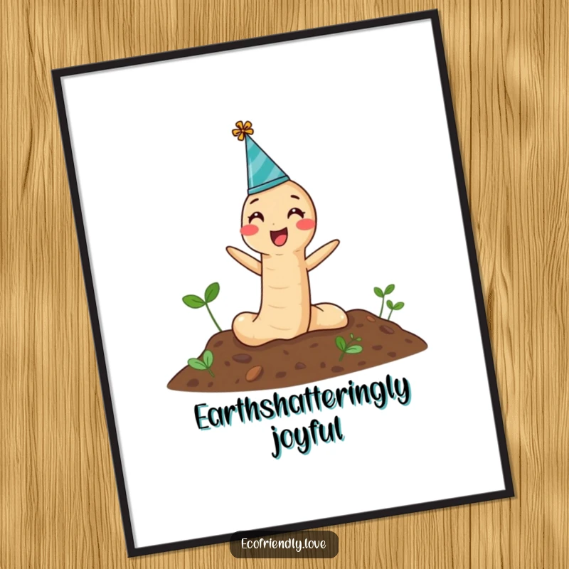 Funny Digital Art Print of a joyous earthworm in a party hat popping out of the soil, creating a festive and humorous atmosphere.