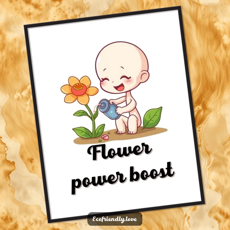Funny sprout digital art print of a tiny character giggling while watering a wilting flower, a funny gift.
