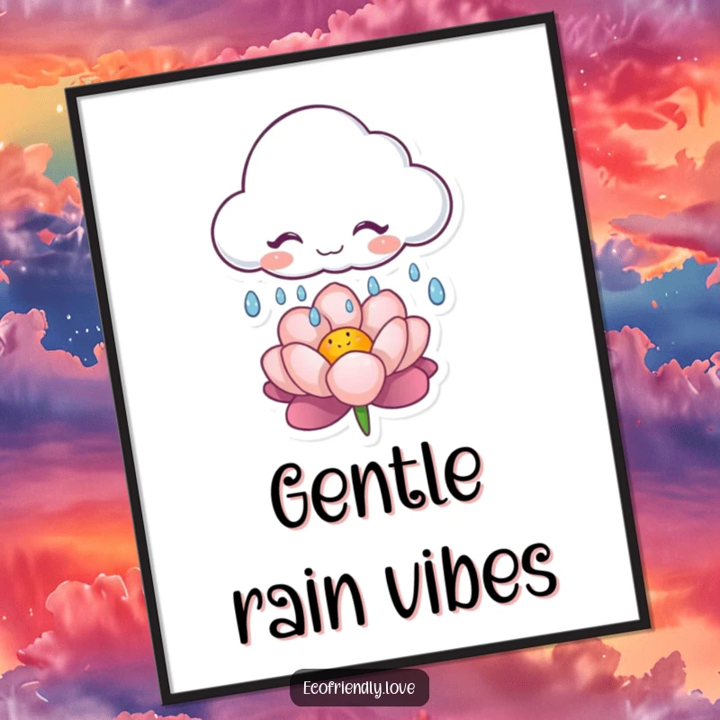 Funny digital art print of a giggling cloud character releasing gentle raindrops on a flower, celebrating whimsical weather.