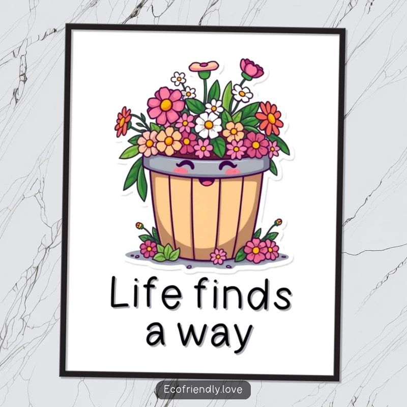 Funny compost bin digital art print of a cheerful character comically overflowing with smiling flowers, perfect for instant eco-friendly wall decor.