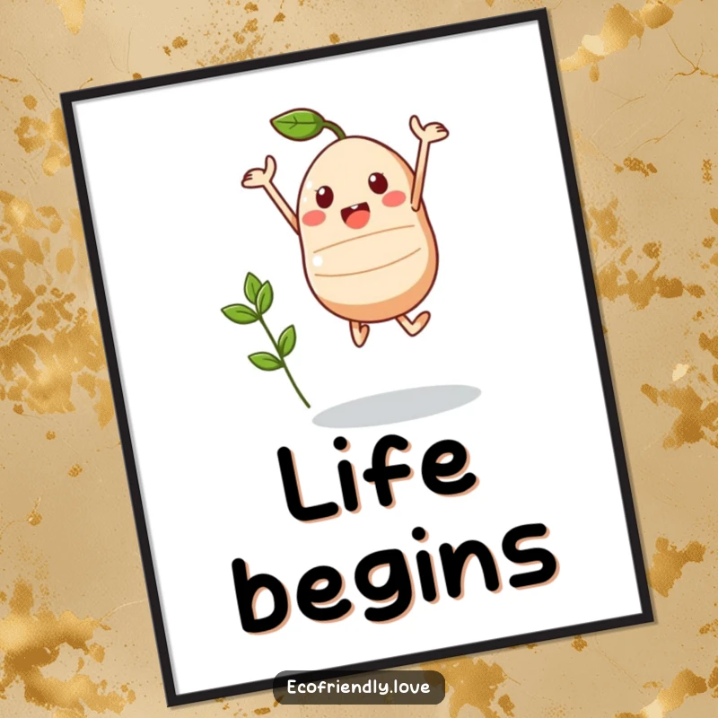 Funny Kawaii Seed Digital Art Print: A triumphant seed character jumps with a sprout, perfect for inspiring digital displays.