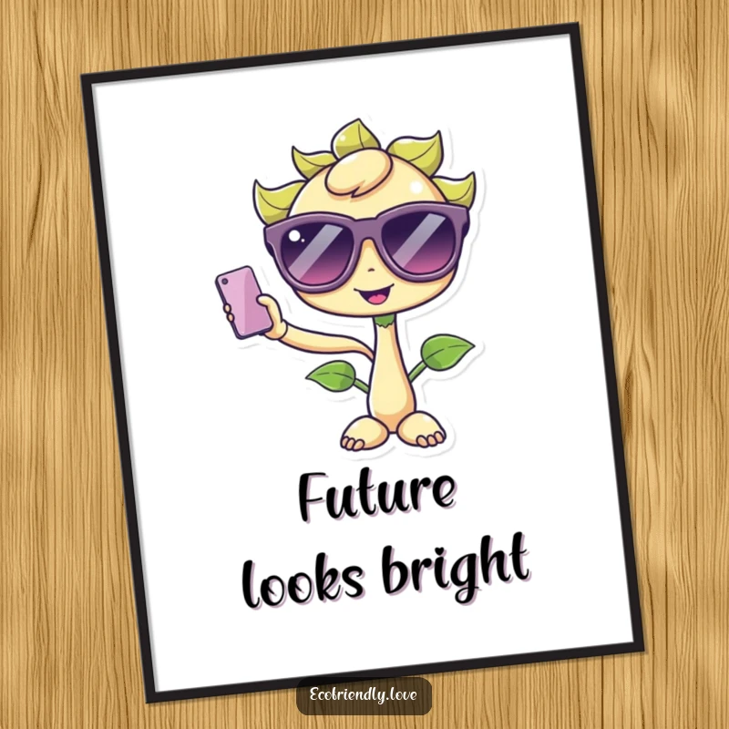 Funny Kawaii Sprout Digital Art Print: A cute sprout character wearing oversized sunglasses, humorously taking a selfie, perfect for instant decor.