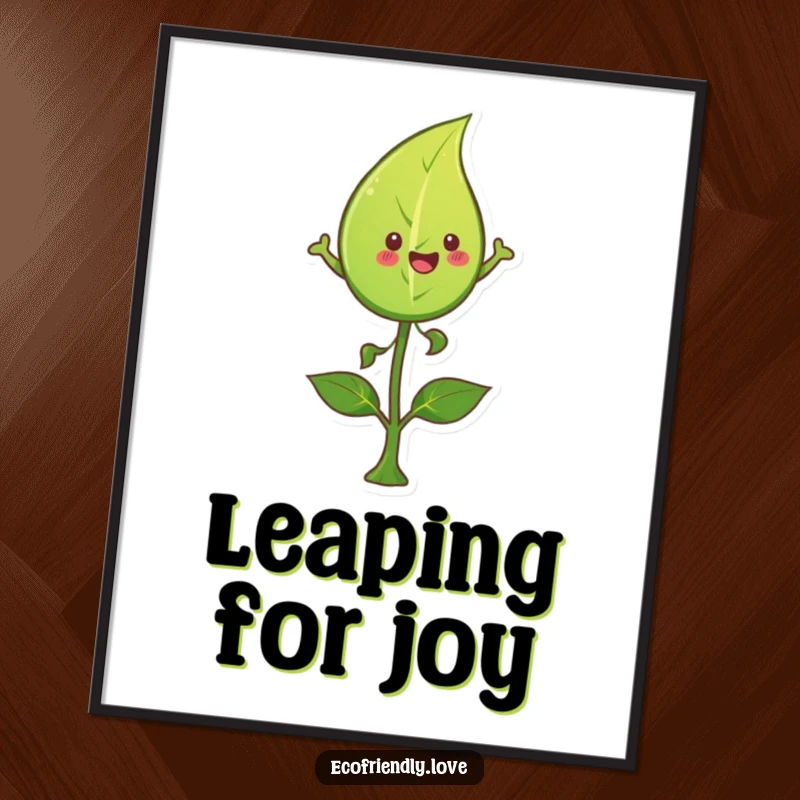 Funny leaf digital art print of a happy character leaping over a sprout, offering vibrant natural humor and a sense of joyful energy.
