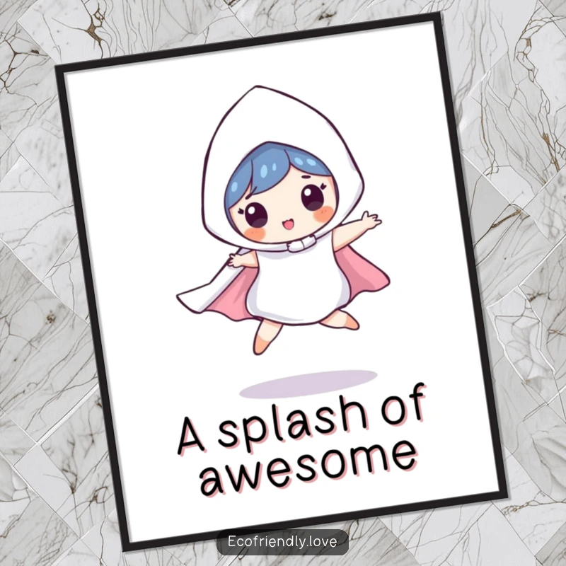 Funny digital art print of a playful raindrop character in a superhero costume, mid-leap, perfect for adding a dynamic and humorous focal point.