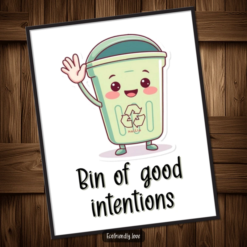 Funny digital art print of a recycling bin character waving hello, offering a friendly and eco-conscious decor piece.
