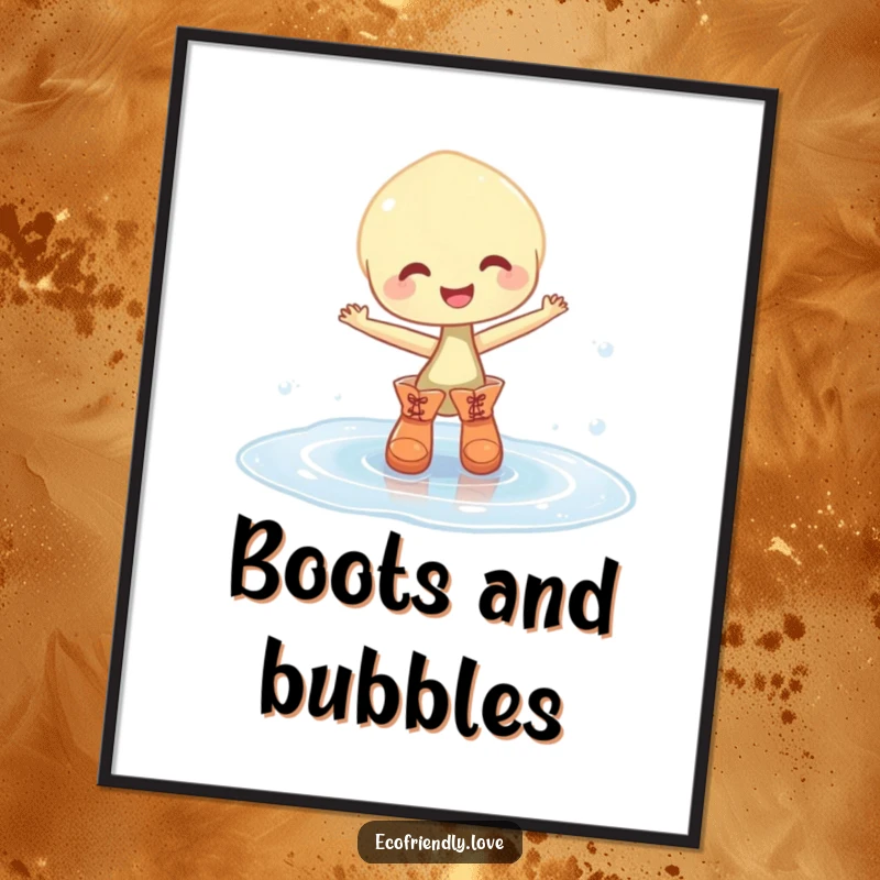 Funny digital art print of a smiling, pudgy sprout in little boots dancing in a sparkling water puddle, full of whimsical joy.