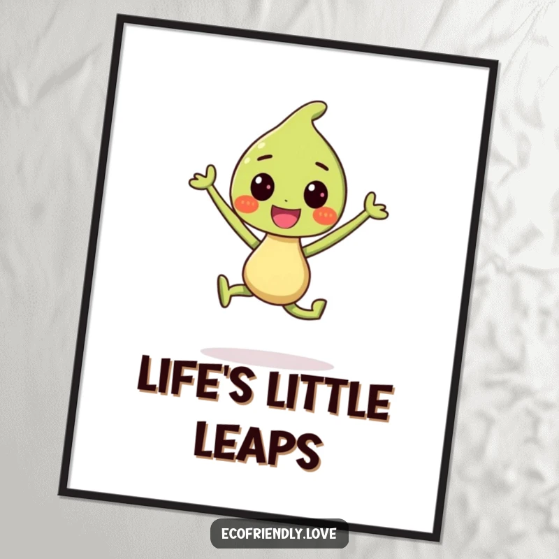 Funny Digital Art Print: A smiling sprout character in a celebratory jump, radiating happiness and positive vibes.