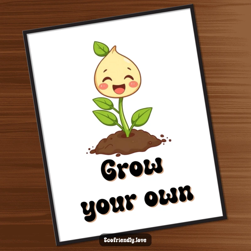 Funny digital art print of a cute sprout character joyfully planting a seed, symbolizing growth and a love for nature.