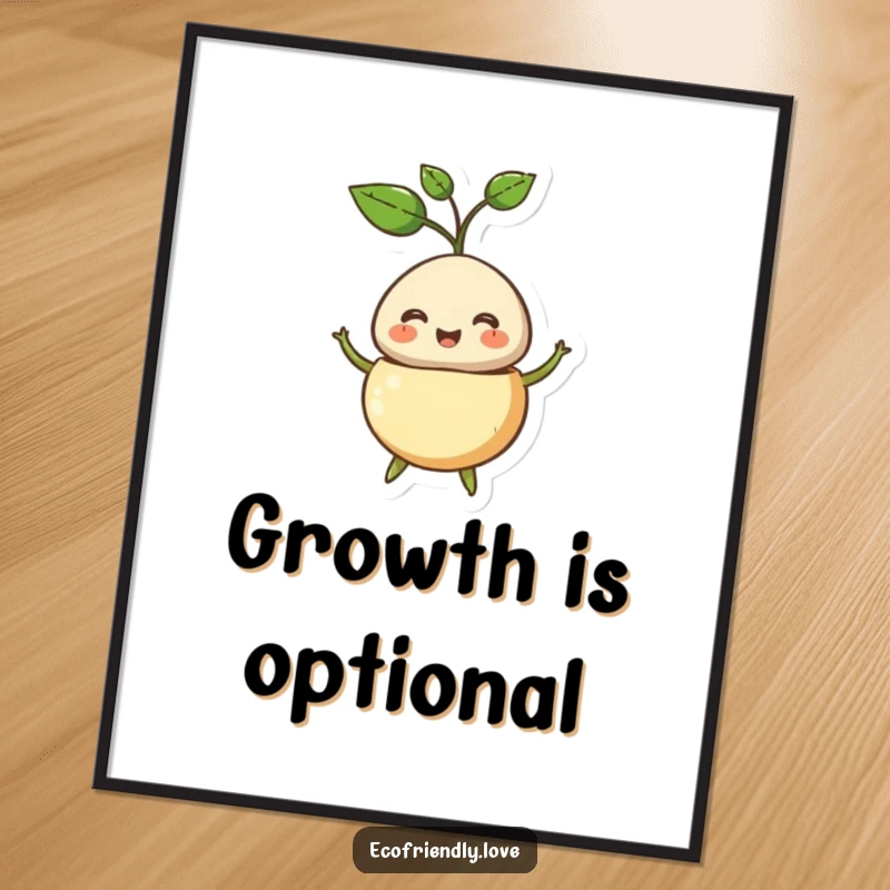 Funny digital art print of a seed character bursting open with a sprout, symbolizing playful beginnings and happiness.