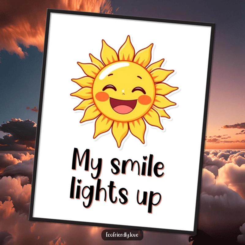 Funny sun character beaming with a wide, delighted grin, as a digital art print for instant, humorous decor.