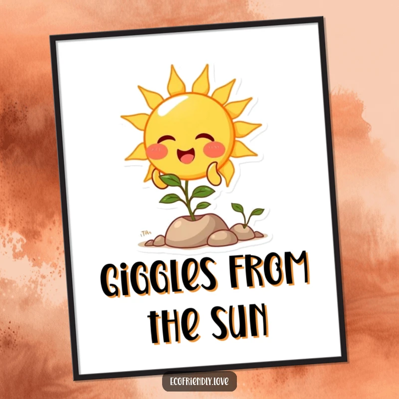 Funny printable art of a laughing sun character showering a plant with light, perfect for digital display or framed wall decor.