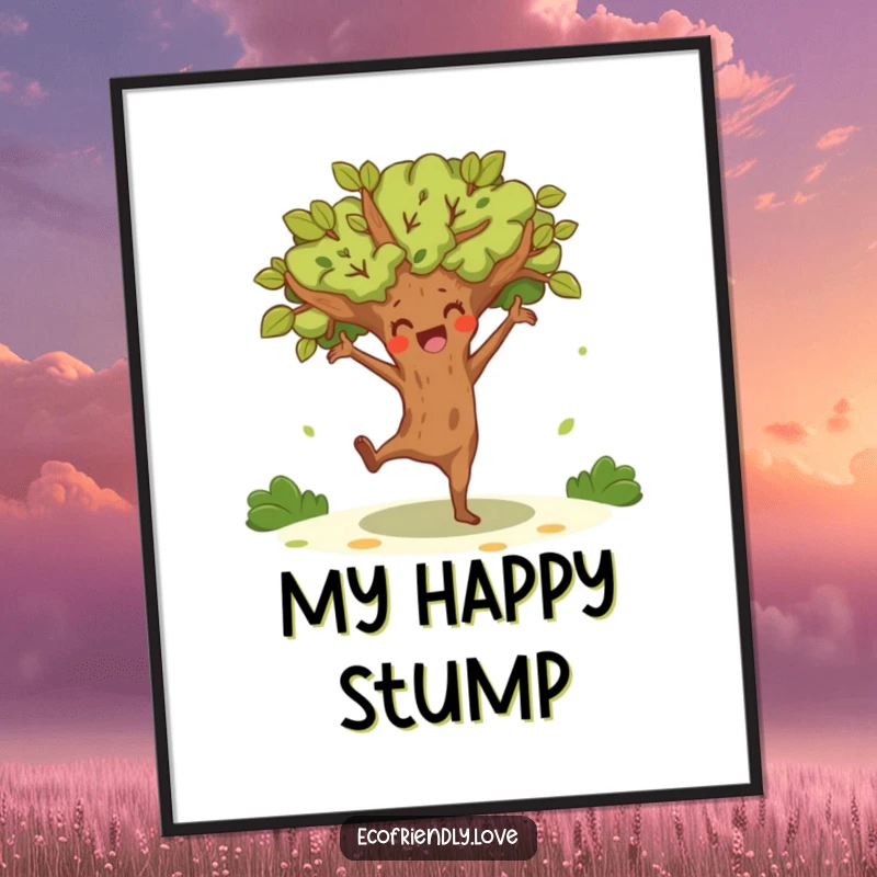 Funny tree character doing a joyful, energetic dance, as a digital art print for instant, humorous decor.