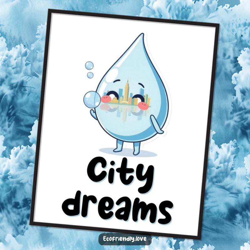 Funny water droplet character blowing a bubble reflecting a miniature cityscape, designed as a whimsical and funny art print.