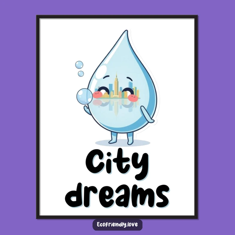 Funny Water Droplet Bubble Digital Art: Printable City View Decor with Humor