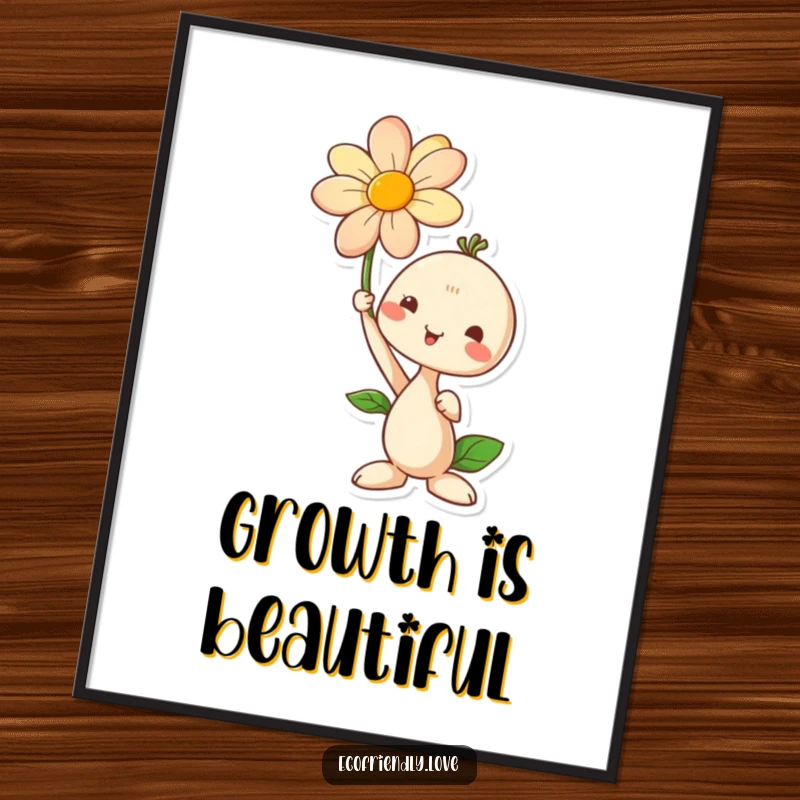 Funny digital art print of a seedling character proudly holding a blooming flower, ideal for printable decor and celebrating growth.