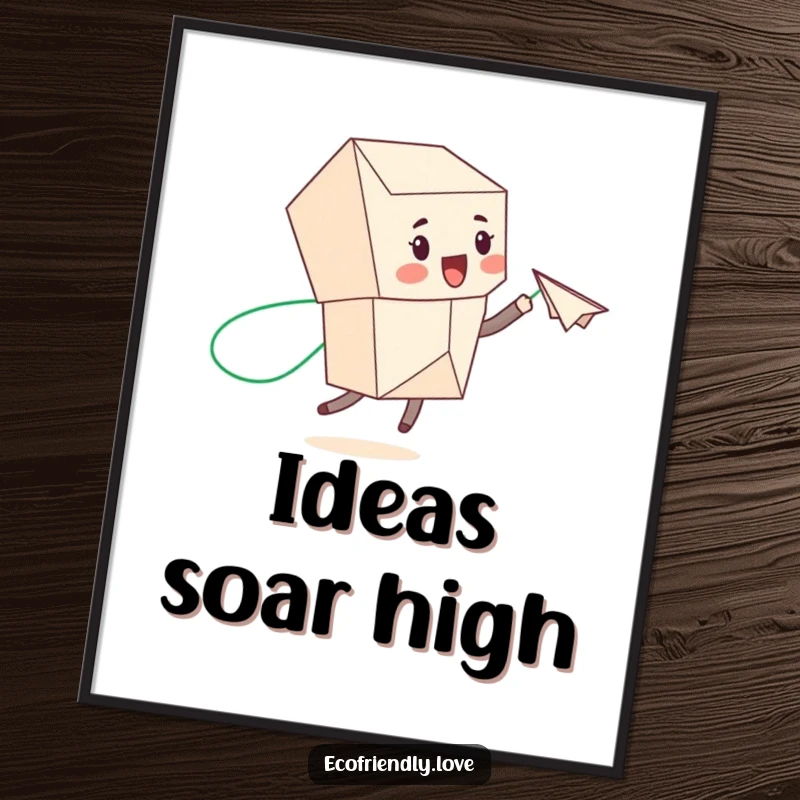 Funny recycled paper character throwing a paper airplane with a green trail, as a digital art print, for instant eco-themed decorating.