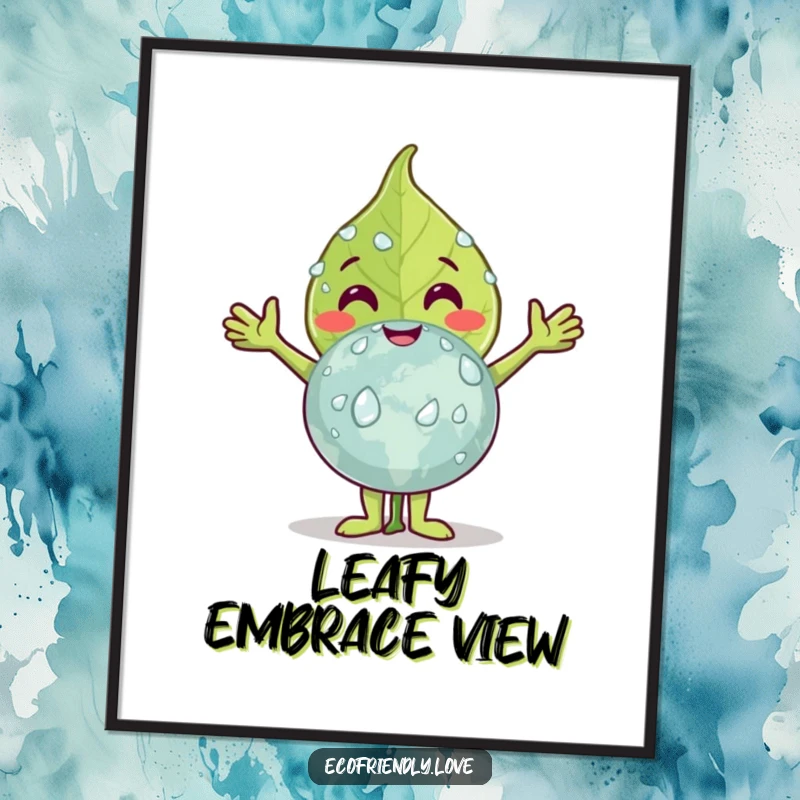 Funny leaf digital art print of a smiling leaf character embracing a dew-covered globe, perfect for adding nature's gentle humor to decor.
