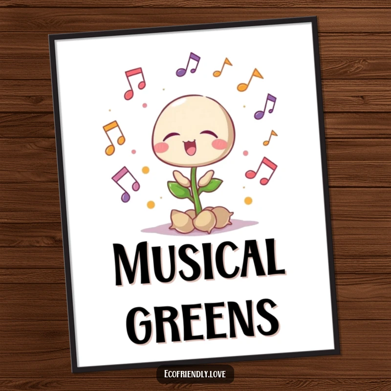 Funny singing seedling digital art print with musical notes, eyes closed in delight, for harmonious decor, a wonderful funny gift.