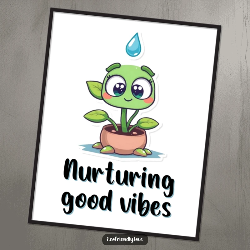 Funny digital art print of a wide-eyed plant seedling character absorbing a large water drop, symbolizing growth, hope, and innocent delight.