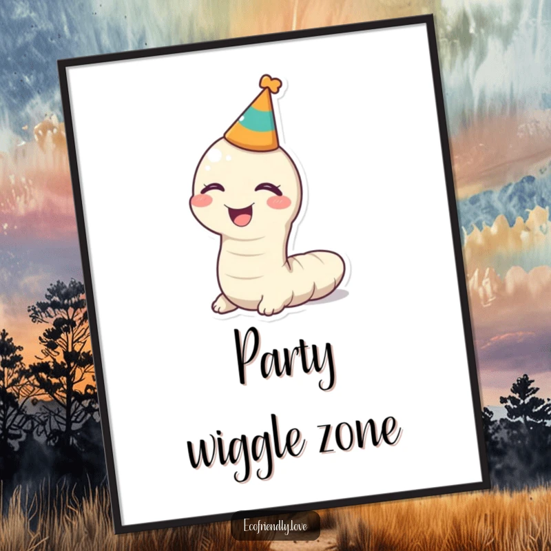 Funny kawaii worm giggling in a party hat, digitally rendered for humorous wall art, instant smiles.