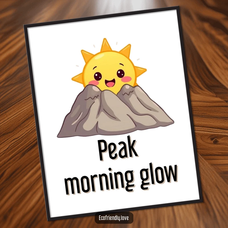 Funny digital art print of a surprised sun character peeking from behind a smiling mountain, celebrating adventure and nature.