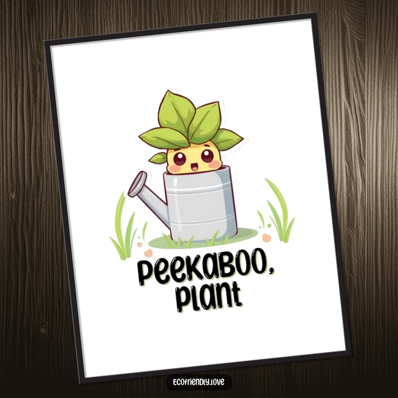 Funny printable art of a sprout peeking from a watering can, ideal for digital display or framed wall decor with a garden theme.