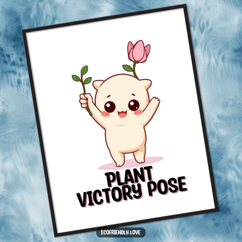 Funny kawaii character triumphantly holding a wilting, funny plant, digitally rendered for humorous plant-themed art.