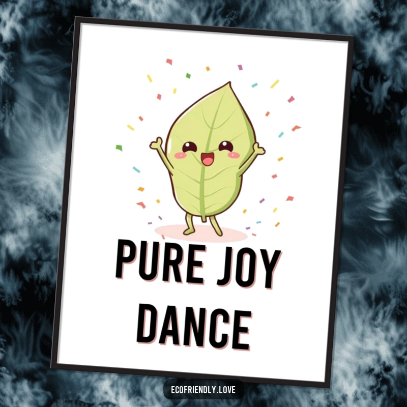Funny Leaf Digital Art Print: A kawaii leaf character humorously doing a victory dance surrounded by confetti, perfect for instant decor.
