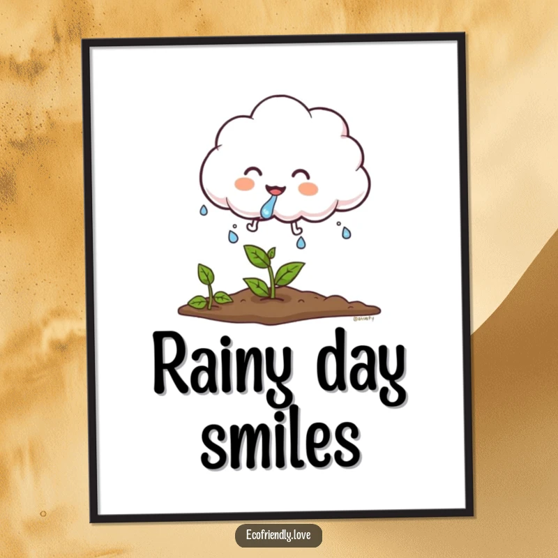 Funny cloud digital art print of a giggling, fluffy cloud character sprinkling water onto a growing plant, perfect for adding whimsical, nurturing decor.