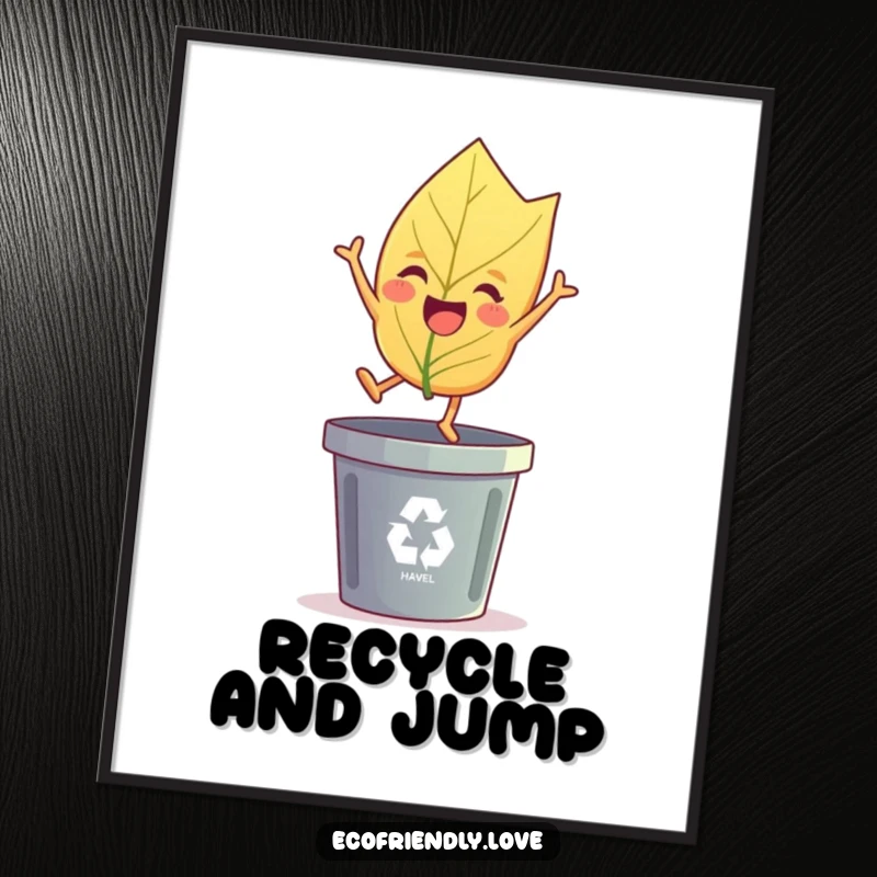 Funny leaf digital art print of a cheerful leaf character joyfully leaping over a recycling bin, a funny gift.