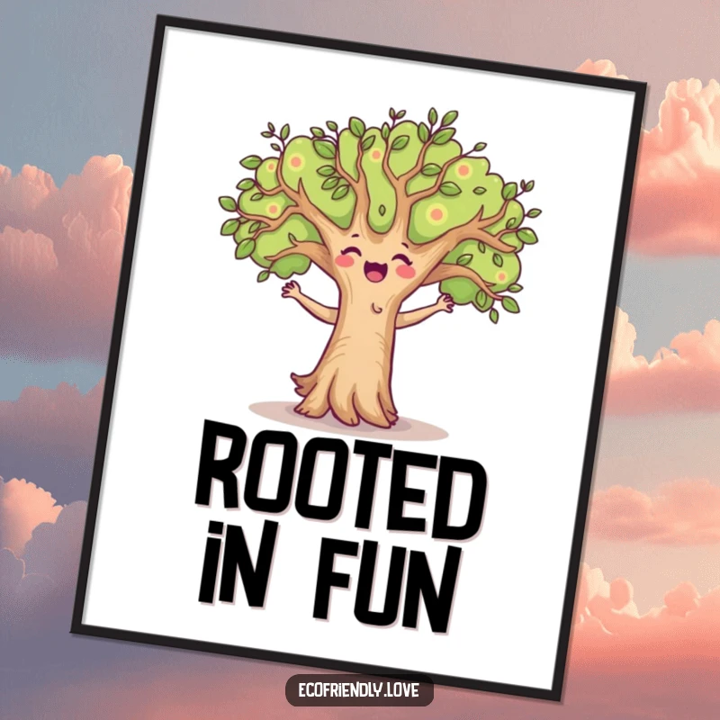 Funny digital art print of a happy tree character dancing exuberantly, branches swaying, perfect for adding a burst of playful energy to any wall.