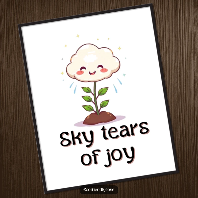 Funny digital art print of a round, smiling cloud character raining sparkling, happy drops onto a joyful plant.
