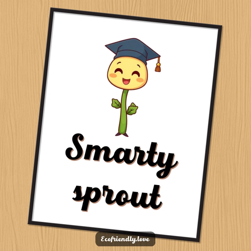 Funny sprout character wearing a graduation cap, standing tall and proud, designed as a celebratory and funny art print.