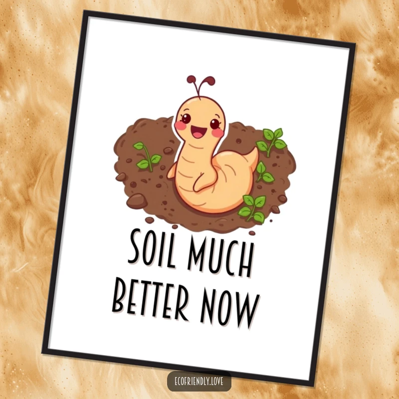 Funny digital art print of a delighted earthworm wiggling through rich soil, symbolizing underground joy and humor.