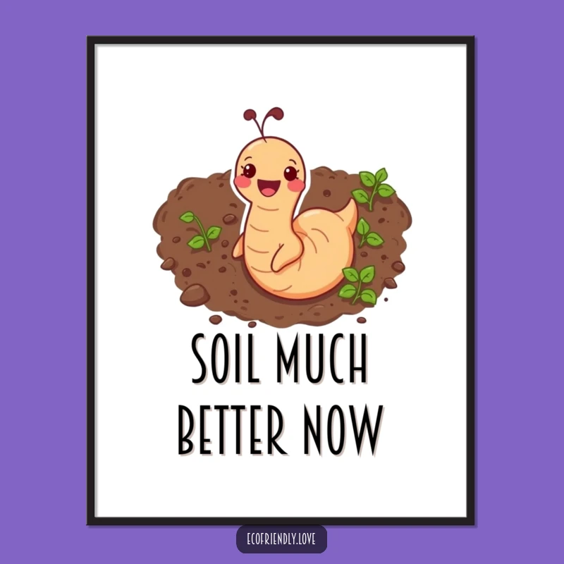 Funny Earthworm Digital Art: Instant Garden Smiles, Printable Funny Gift Decor
