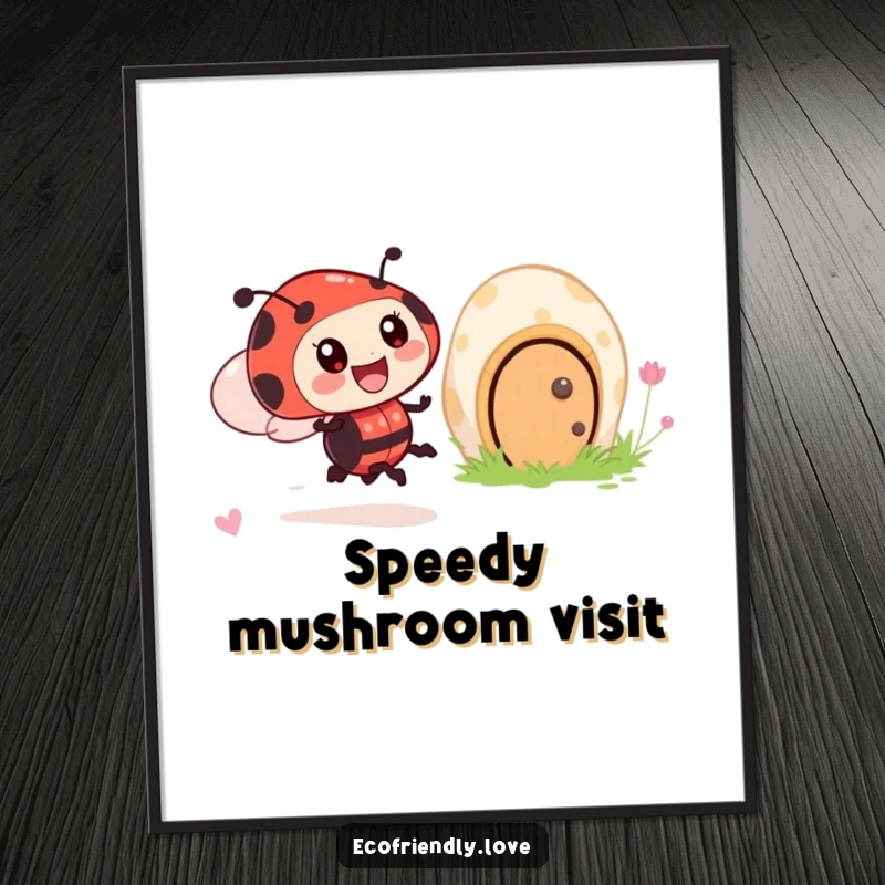 Funny digital art print of an excited ladybug character zooming rapidly past a friendly, smiling mushroom house.