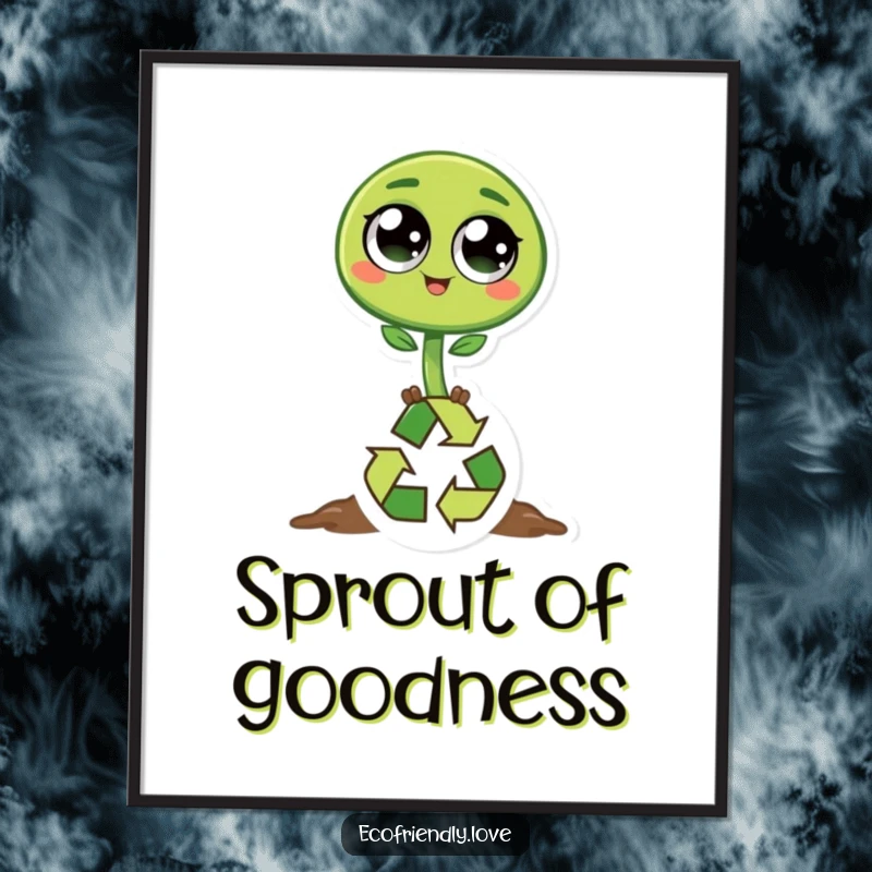 Funny sprout digital art print of a happy green sprout character with big eyes hopping over a recycling symbol, perfect for sustainable decor.