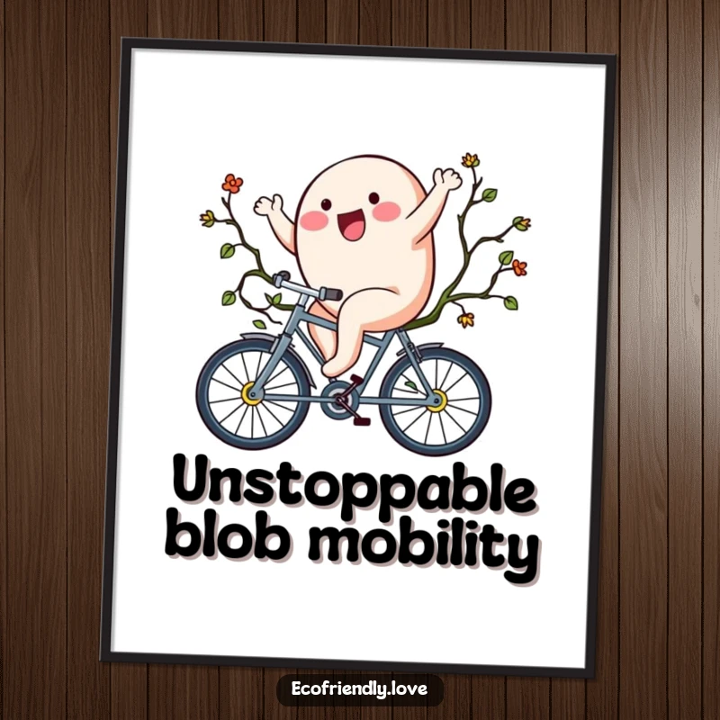 Funny digital art print of a blob character joyfully riding a bicycle made of vines, offering whimsical decor.